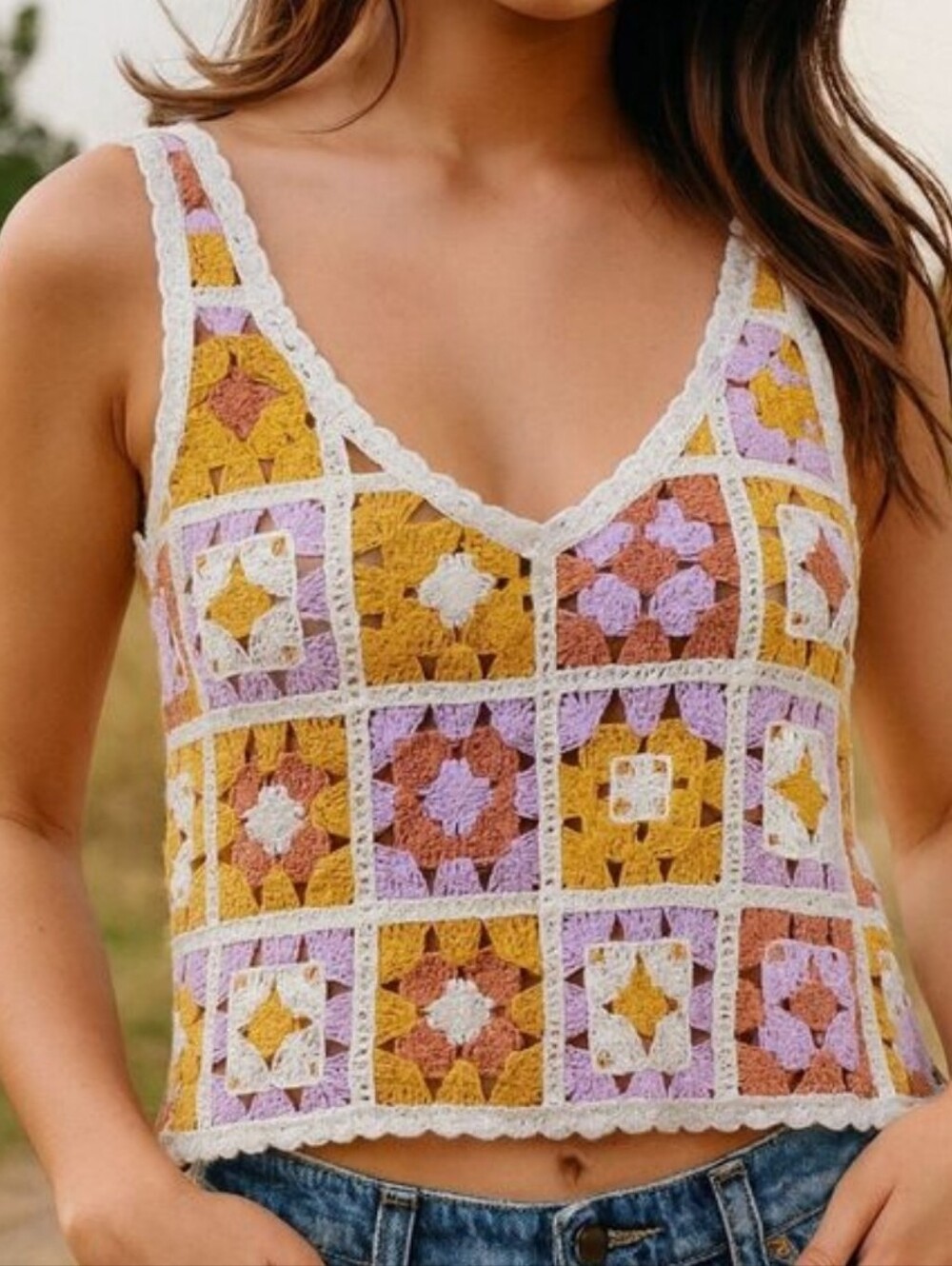 Rebellion Crochet Patchwork Crop Top in Pink, Yellow & Cream Size L